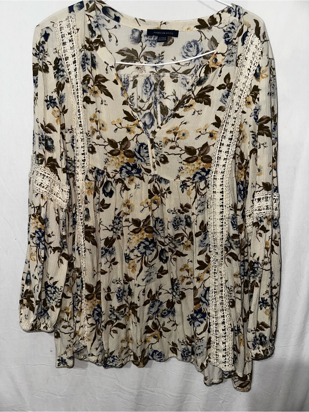 American Eagle Outfitters Cream Floral Lace-Trim Peasant Blouse